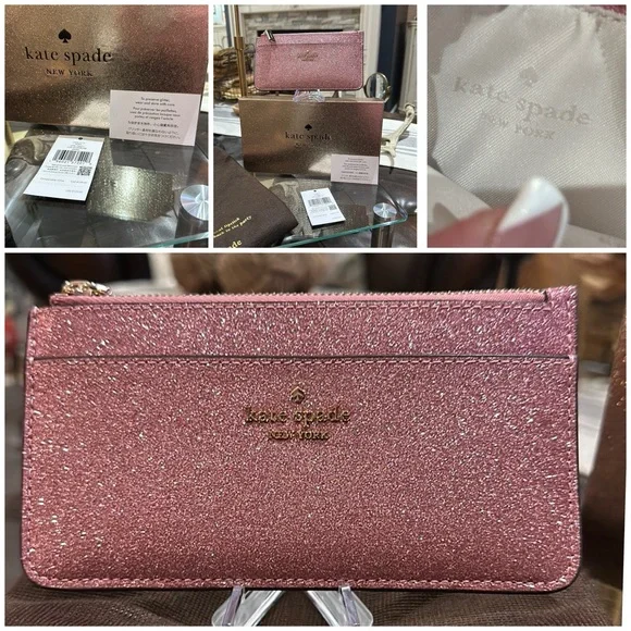 Authentic ♠️ Kate Spade NY Large Slim Cardholder in Glitter Mixed Mitten Pink